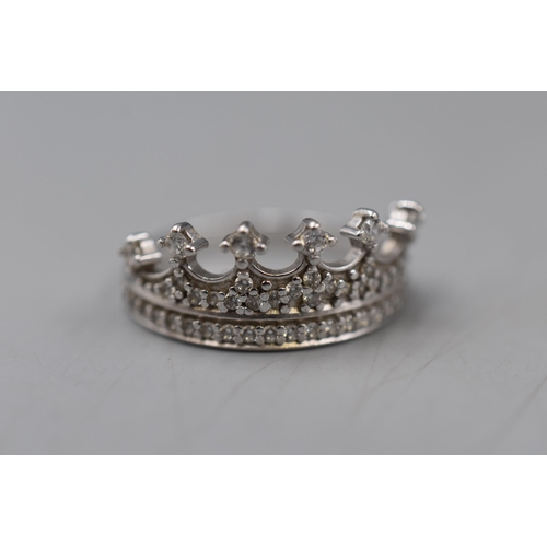 96 - Silver 925 Crown Ring with Clear Stone Design (Size S)