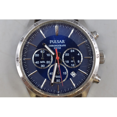 101 - Pulsar Chronograph 100mtr Quartz Watch with Leather Strap (Working)