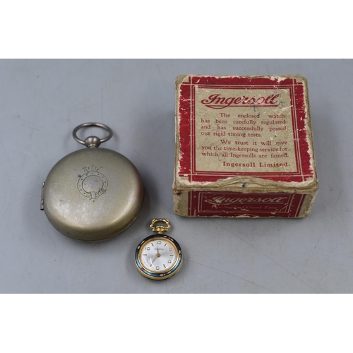 113 - Ingersoll Enamelled Pendant Watch (Working) and a Pocket Watch Travel Case