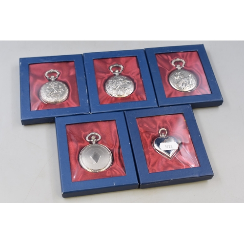 124 - Five Boxed Hachette Silver Tone Pocket Watches. Includes Rugby, Cupid, Horseback and More