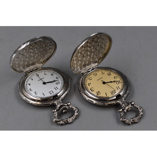 125 - Five Boxed Hachette Silver Tone Pocket Watches. Includes Statue of Liberty, Fishing Scene and More