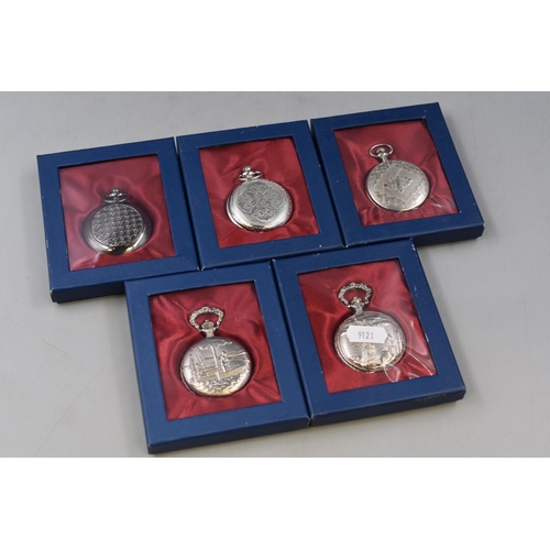 125 - Five Boxed Hachette Silver Tone Pocket Watches. Includes Statue of Liberty, Fishing Scene and More