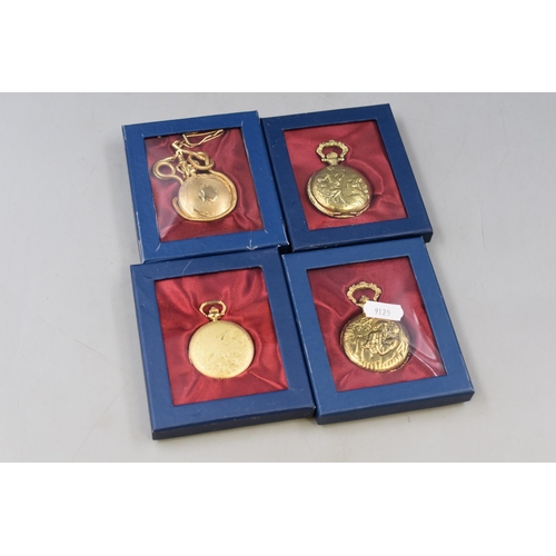 129 - Four Boxed Hachette Gold Tone Pocket Watches. Includes Poseidon, Oriental Crane, Two Lovers and Othe... 