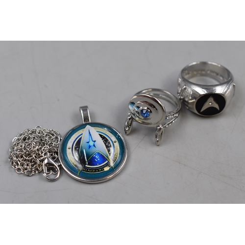 133 - Two Star Trek Rings (One Marked 925), With a Star Trek Pendant on Chain