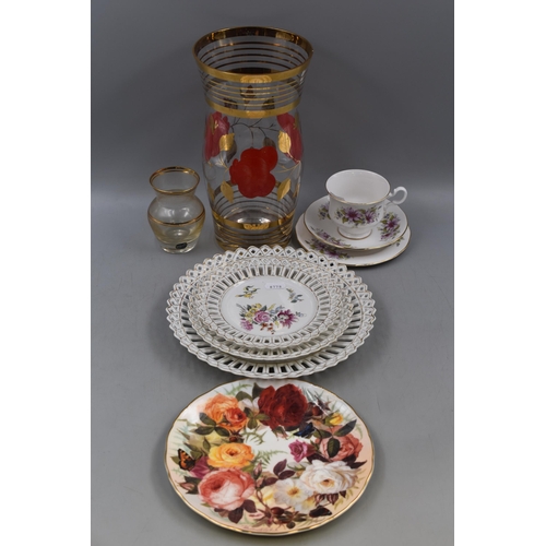 761 - Mixed Selection to include Ribbon Plates, 1950’s Handpainted Glass Vases and Royal Kent Trio C... 