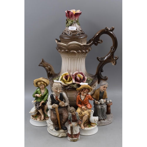 763 - Six Pieces of Capodimonte and Capodimonte Style Ceramics. Includes Five Figures and One Teapot. AF