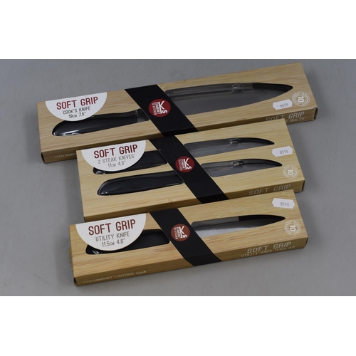 771 - Set Of Three Boxed Sambonet Soft Grip Kitchen Knives, to Include 19 cm Cook's Knife, Two 11 cm Steak... 