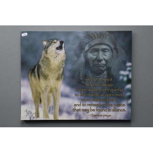 786 - Mixed Lot of Wolf and Indian Related Pictures to include 3D and Canvas prints largest approx 19