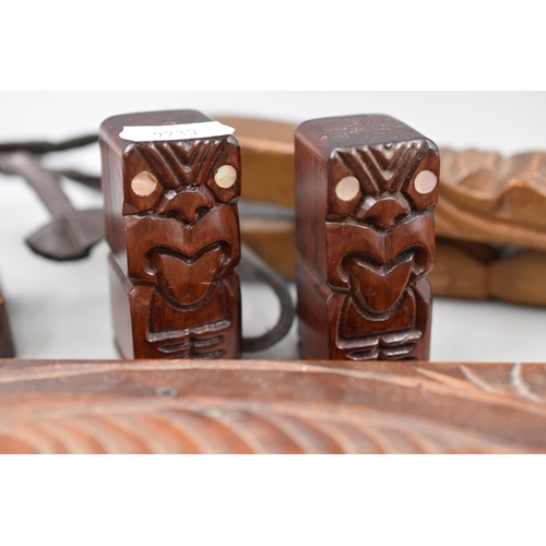 747 - Six Pieces of Carved Wooden Items. Includes Pair of Maori Salt and Pepper Shakers, Totem Pole, Spoon... 