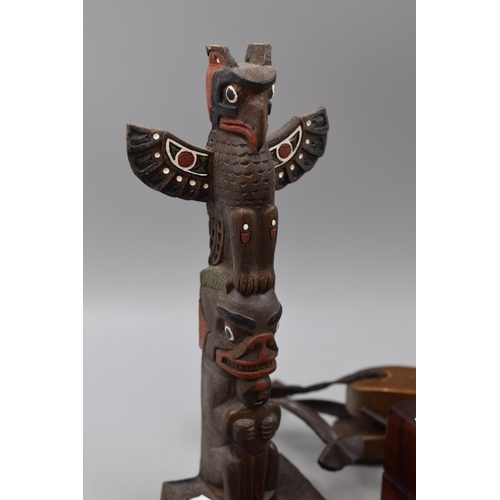 747 - Six Pieces of Carved Wooden Items. Includes Pair of Maori Salt and Pepper Shakers, Totem Pole, Spoon... 