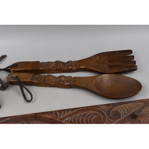 747 - Six Pieces of Carved Wooden Items. Includes Pair of Maori Salt and Pepper Shakers, Totem Pole, Spoon... 