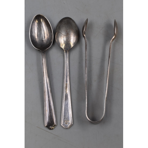 2 - Set of Six Hallmarked Birmingham Silver Spoons with Sugar Tongues (119g). Complete in Presentation C... 