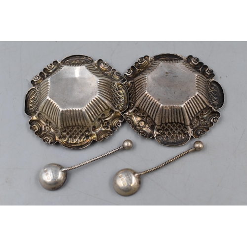 10 - A Pair of Hallmarked Birmingham Silver Adie & Lovekin Salts, With Matching Condiment Spoons. Cir... 