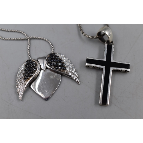 15 - Two Silver 925 Necklaces, includes Black Cross Pendant and Black Stone Angel Wings Pendant (Cross si... 