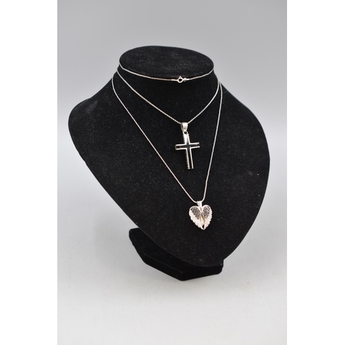 15 - Two Silver 925 Necklaces, includes Black Cross Pendant and Black Stone Angel Wings Pendant (Cross si... 