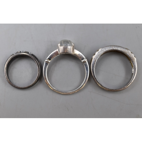 47 - Three Clear Stoned Sterling Silver Rings. Sizes K, T, And T