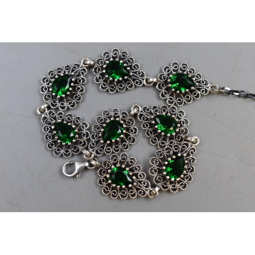 54 - Silver 925 Green Stone Filigree Bracelet