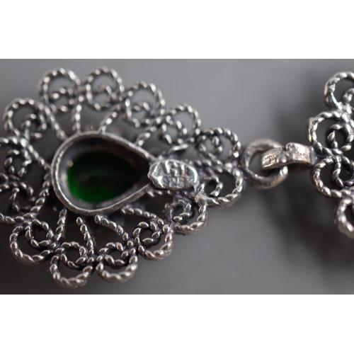 54 - Silver 925 Green Stone Filigree Bracelet