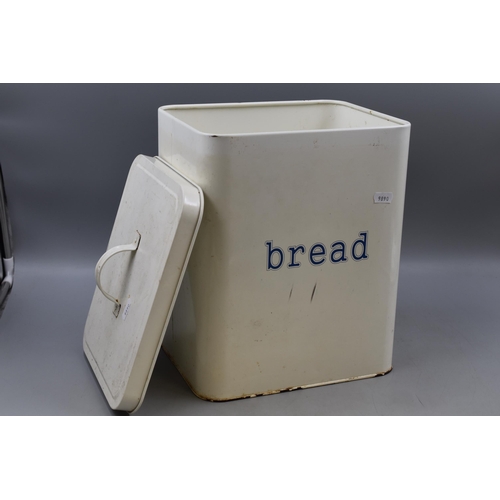 101 - A Vintage Style Enamelled Bread Bin, In White With Blue Lettering. Approx 13.5