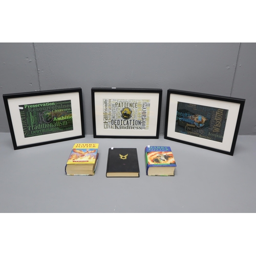 730 - A Selection of Three Harry Potter Books, With Three Hogwarts Houses Framed and Glazed Word Arts. Inc... 