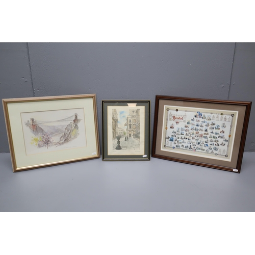 733 - Three Framed and Glazed Prints Depicting Bristol Scenes, Clifton Bridge, The Nails, Corn Street and ... 