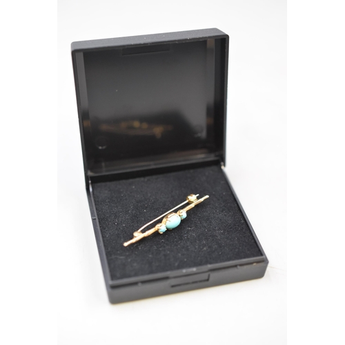 19 - Hallmarked 375 (9ct) Gold Turquoise Stoned Brooch Complete with Presentation Box