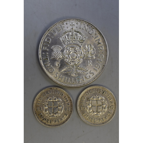 99 - George VI Silver 1945 Florin, and a 1940 & 1941 Silver Threepence