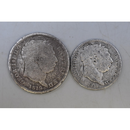 112 - Two UK Silver George III Coins. Includes 1818 Sixpence And 1819 Shilling