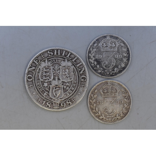 115 - Victoria Silver 1898 Shilling and a 1899,& 1900 Threepence