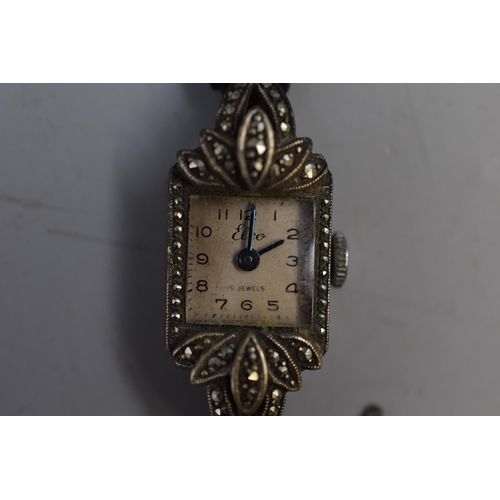 20 - Vintage 15 Jewells Marcasite Watch (Unknown Metal). Requires TLC