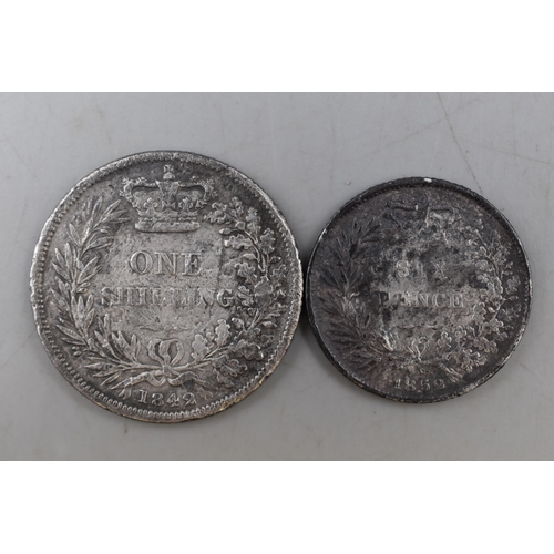 128 - Victoria Silver 1842 Shilling and a 1852 Sixpence