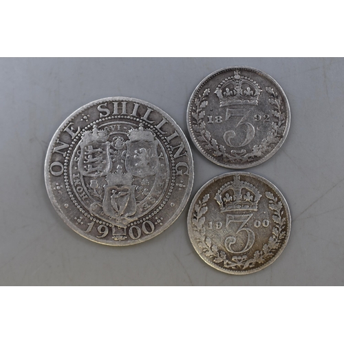 130 - Victoria Silver 1900 Shilling and a 1892 & 1900 Threepence