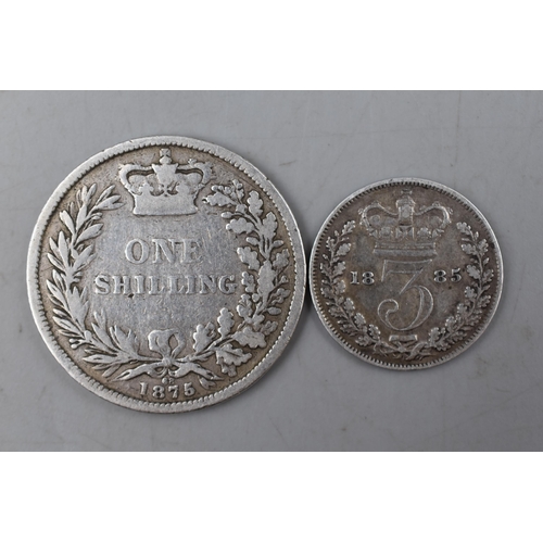 131 - Victoria Silver 1875 Shilling and a 1885 Threepence