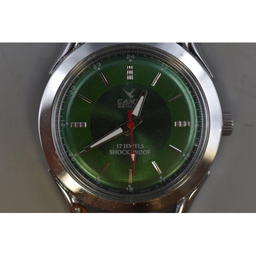 66 - Camy Geneve 17 Jewels Mechanical Gents Watch with Green Face and Leather Strap (Working)