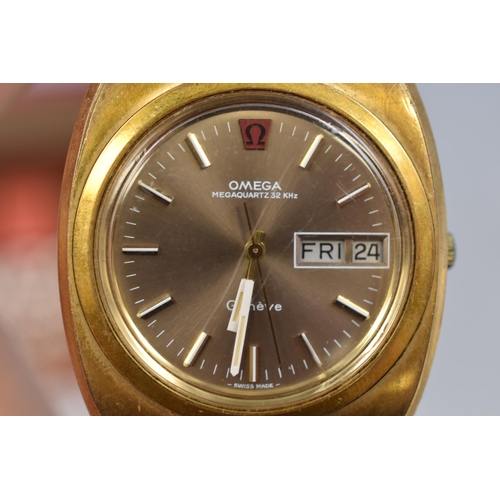 74 - Omega Megaquartz 32 khl Gold Plated Gents Day / Date Watch with Leather Strap, Spare Plated Strap, B... 