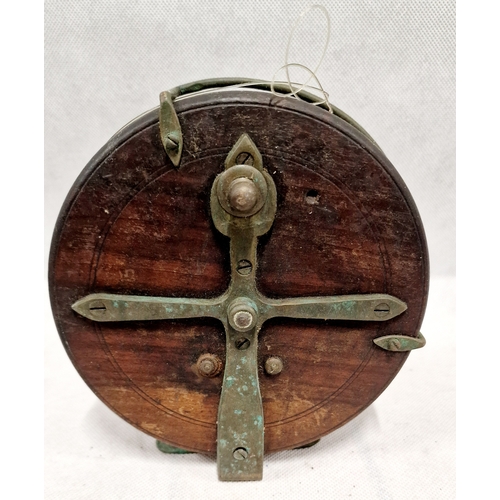 339 - Large Antique Fishing Reel Wood With Brass.