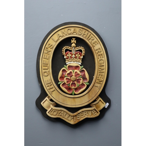 347 - Hand Carved The Queens Lancashire Regiment Wooden Wall Plaque (20