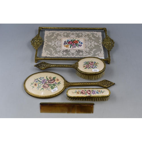 368 - Vintage Ladies Dressing Table Set decorated with Gilt and Cross Stitch Design