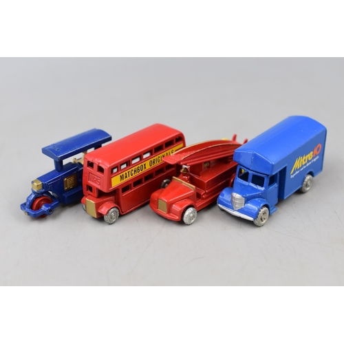 191 - Four matchbox A Moco Lesney miniature vehicles to include fire engine, bus, steam roller and va... 