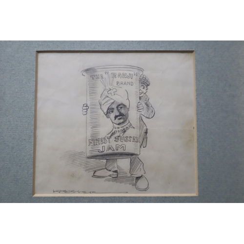 400 - A Framed and Glazed Original Early 20th Century Pencil Cricket Cartoon By JH Dodgson (Pseudonym 'kes... 