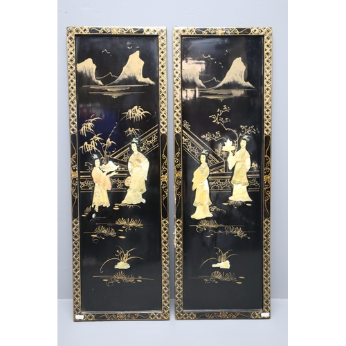 408 - Two Japanese Lacquered Mother of Pearl Pictures (3ft x 1ft) a/f