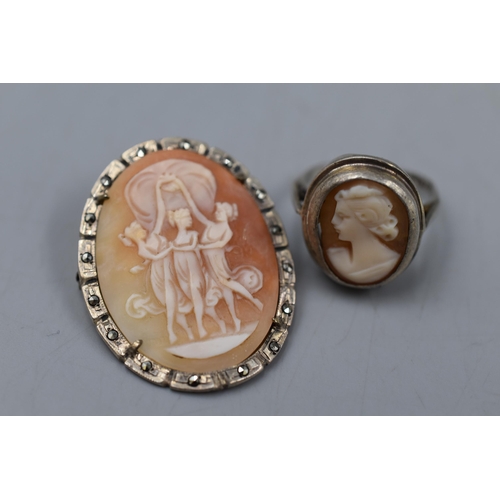 211 - Two Vintage Silver Cameo items to include Ring(a/f) and Brooch