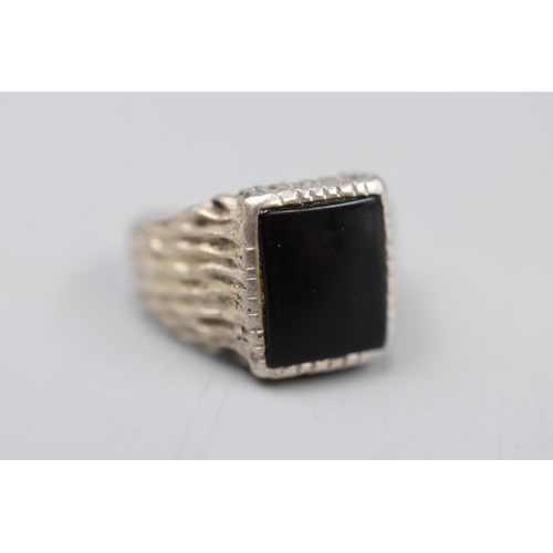 214 - Hallmarked Silver Chunky Black Stone Ring (Size R)