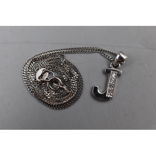 216 - Silver 925 Diamante Stone 'J' Pendant Necklace