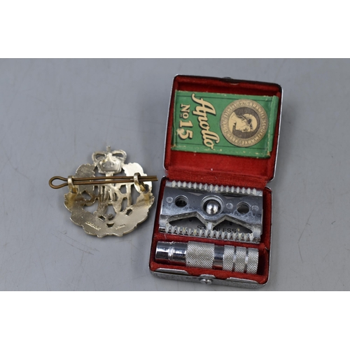 249 - Vintage Pocket Travel Shaver and a RAF Dressage Badge