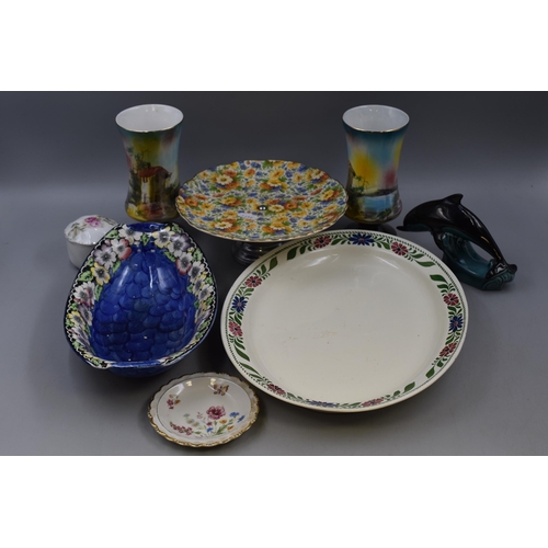 332 - A Selection of Ceramics To Include Poole Dolphin, Old Foley Cake Stand, Platter Marked With Elephant... 