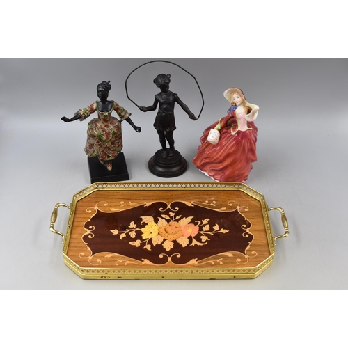 833 - Three Female Figures, On Sorrento Style Tray. Includes Royal Doulton Autumn Breezes (L. Harradine, 1... 