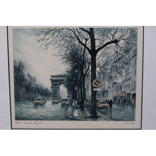 844 - Three Framed and Glazed Raphael Prints of Paris. Includes Champs-Elysees, Notre-Dame, And Eiffel Tow... 