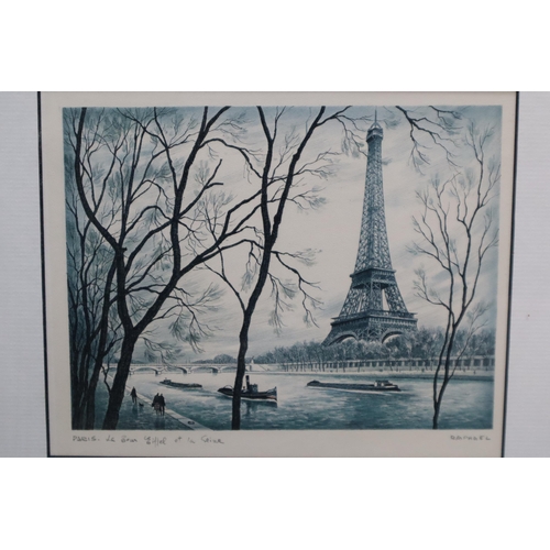 844 - Three Framed and Glazed Raphael Prints of Paris. Includes Champs-Elysees, Notre-Dame, And Eiffel Tow... 