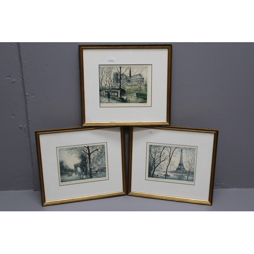 844 - Three Framed and Glazed Raphael Prints of Paris. Includes Champs-Elysees, Notre-Dame, And Eiffel Tow... 